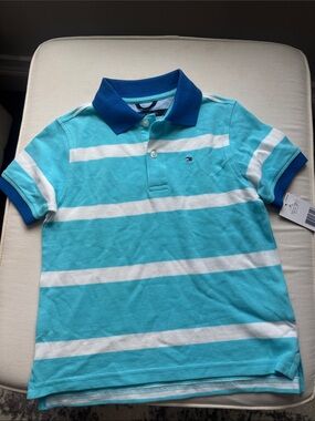 Tommy Hilfiger Aqua and White Striped Polo with Blue Collar